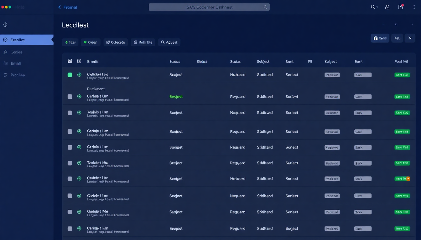 Tela de listagem de emails enviados no SimplesMail com filtros e status badges