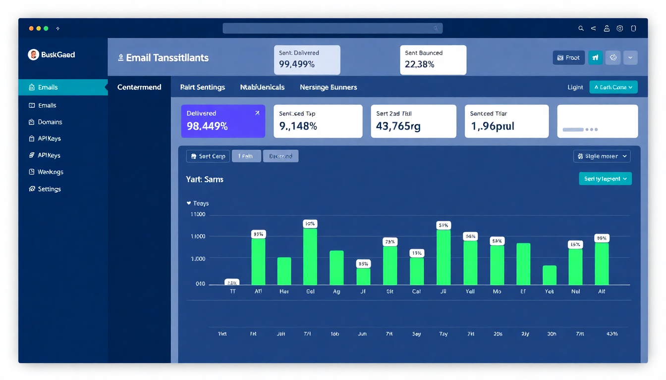 Dashboard SimplesMail: visão geral com gráfico de envios diários, KPIs de delivered/bounced/complained